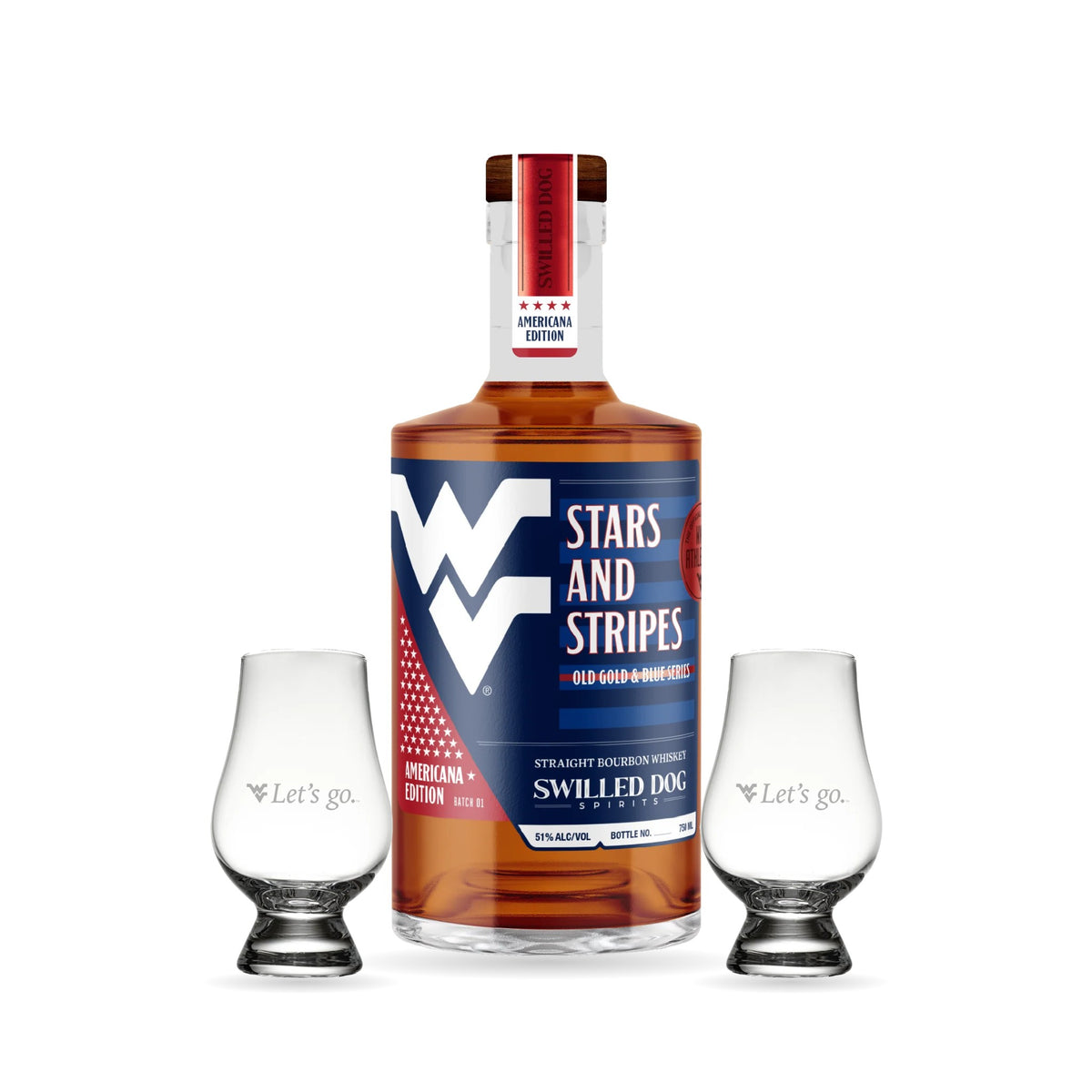 Proud American Set: Stars and Stripes Americana Edition bourbon with two Let's Go Glencairn glasses